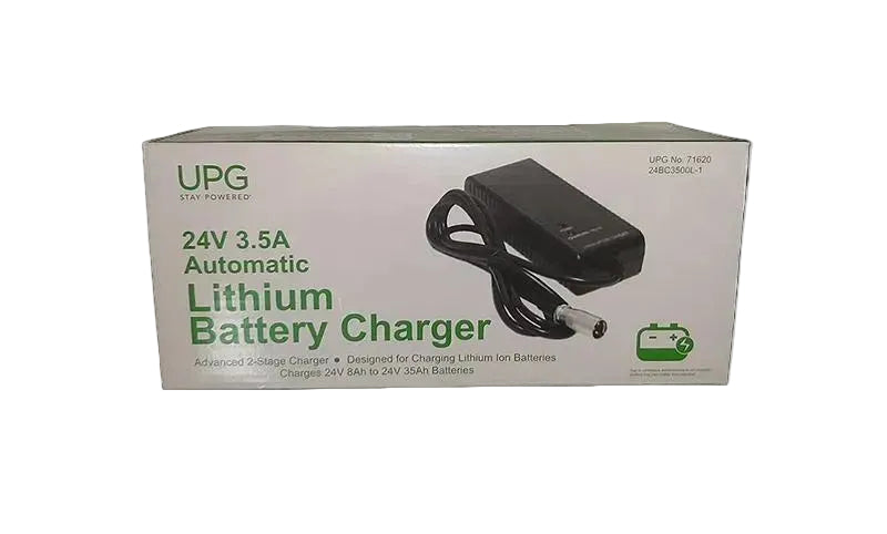UPG lithium battery charger packaging on a white background